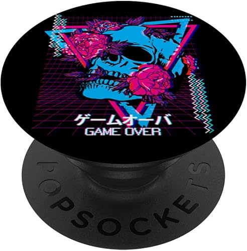 Calavera y rosas Game Over Synthwave Vaporwave estético gótico PopSockets PopGrip intercambiable