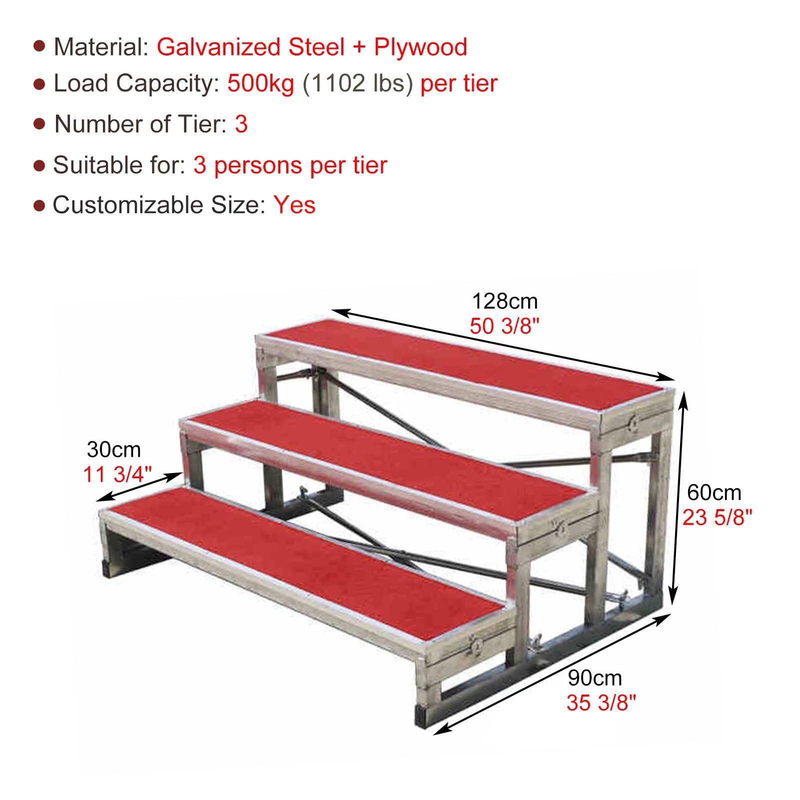 Plataforma escénica, tarima Coral con Alfombra roja, Atril de Coro de 3 Niveles, Patas de Acero galvanizado, Plataforma para Cantar en aulas e Iglesias, 50,4" de Largo, Rendimiento Duradero