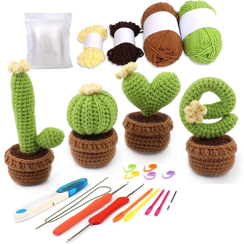Kit de ganchillo para principiantes, 4 piezas, kit de ganchillo en maceta para principiantes con instrucciones (idioma español no garantizado), agujas de hilo de tejer, accesorios de punto fácil,