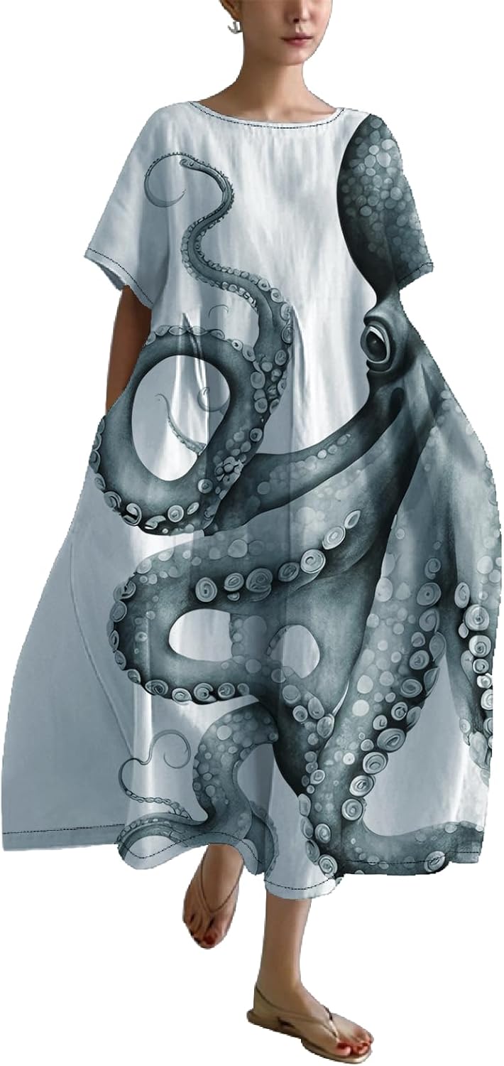 Plus Size Japanese Octopus Painting Maxi Summer Dress Casual