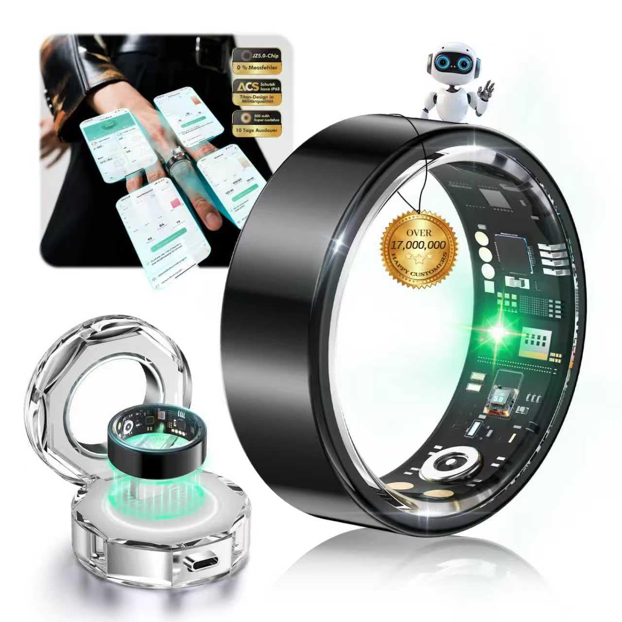XSWCCJJ 9.0 Smart Rings and Charging Case【IP68 + 50m – 3x Titanium Shock】【0% Error Rate – 30% Higher Accuracy】 Smart Ring Women & Men for Sleep Tracking Wearable Device, SpO2, Fitness Ring,Black 12#
