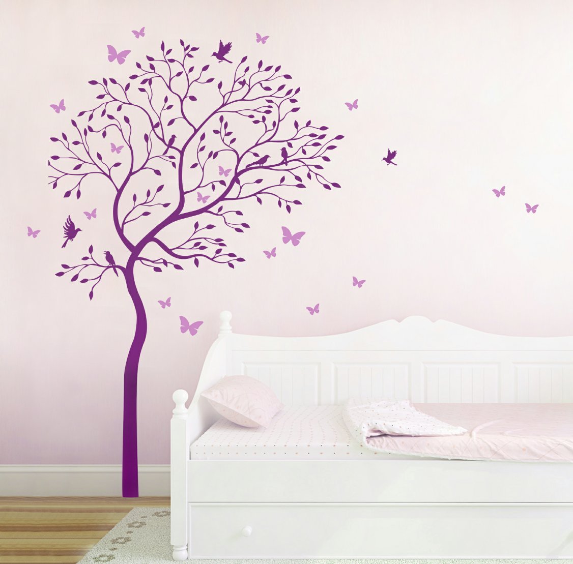 Wandtattoo Wandaufkleber Baum mit Kolibris und Schmetterlinge M1535 zweifarbig - ausgewählte Farbe: *Lila/Flieder* - ausgewählte Größe: XXL 137cm breit x 200cm hoch