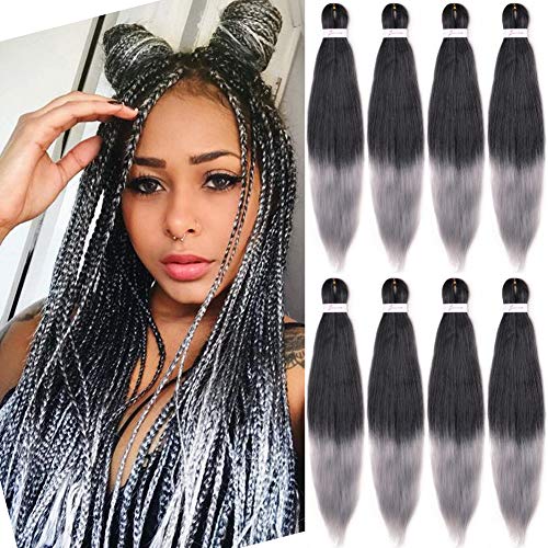 Mtmei hair 8Packs Pre-stretched Braiding Hair Easy Braid 24 Inch Hot Water Setting Synthetic Yaki Texture Professional Braiding Hair Extensions For Box Braids Twist Crochet Hair(T1B/Silver)