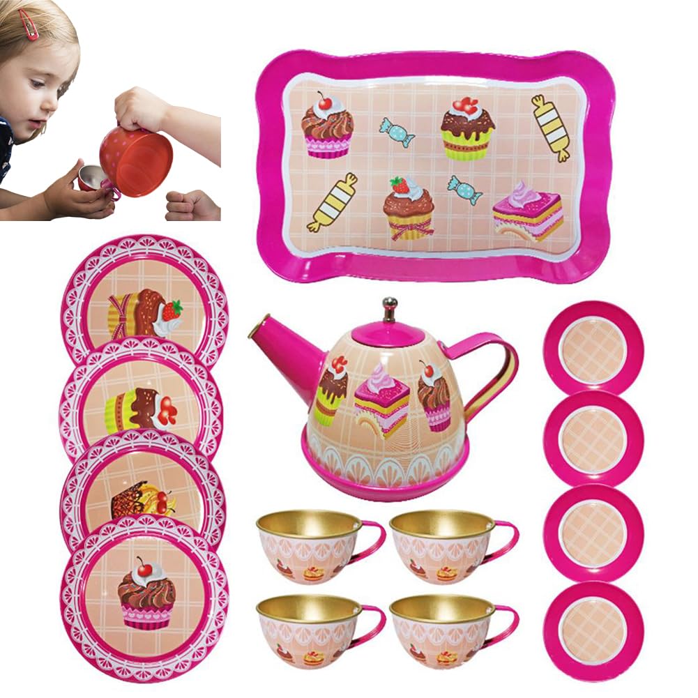 Kids Tea Set,14Pcs Metal Tea Party Set for Girls & Boys,Pretend Play Kitchen Accessories with Teapot,Tray,4Teacups,4 Plates and 4 Saucers,Safe & Durable Gift