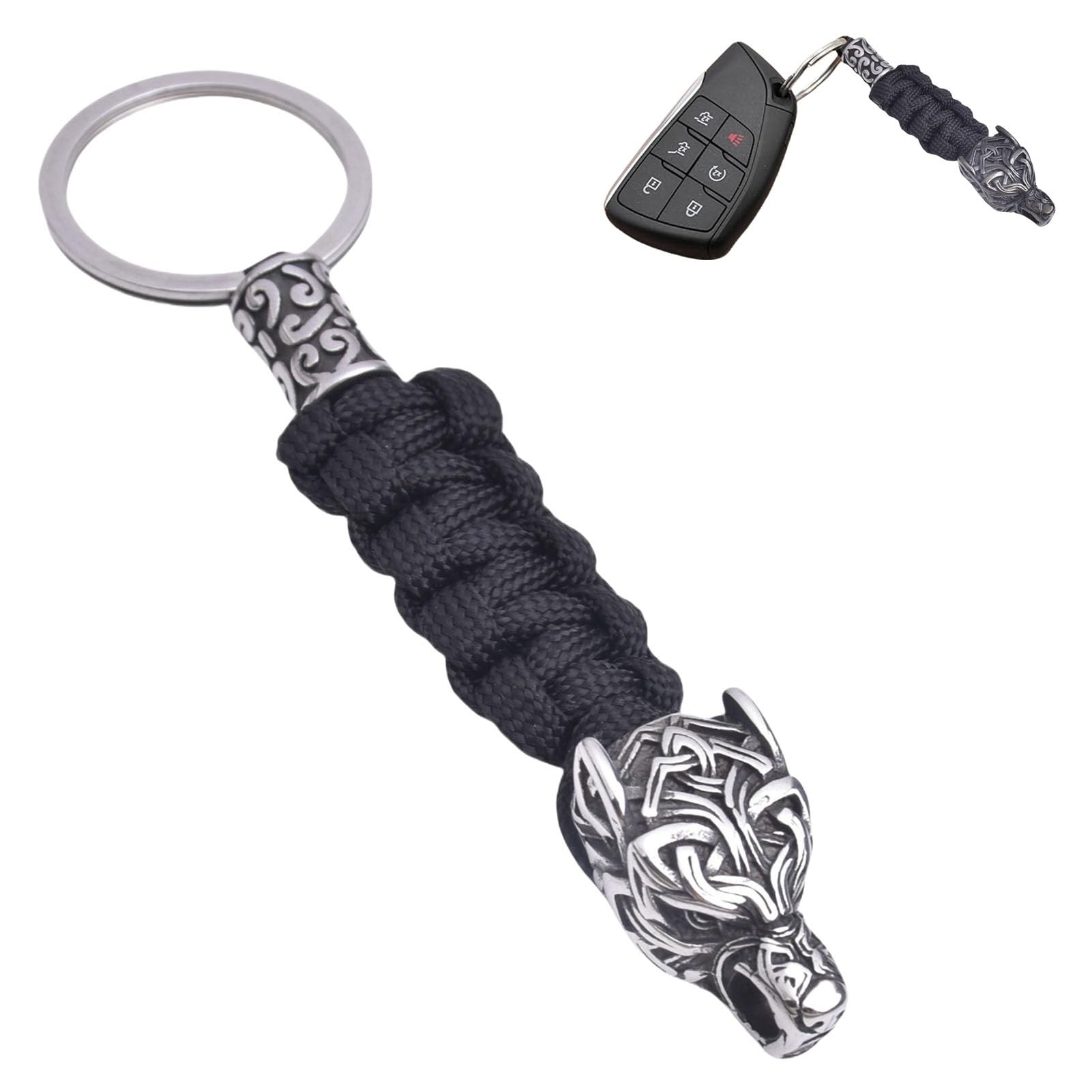 LDZDGD Viking Wolf Head Keychain for Men, Norse Stainless Steel Key Ring with Paracord, EDC Tactical Gift(Black 1)