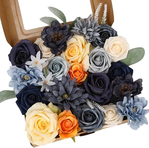 Miniatura 1 de Juego de cajas de flores artificiales, flores de seda azules, rosas con tallos para bricolaje, ramos de novia, centros de mesa, arreglos de mesa,