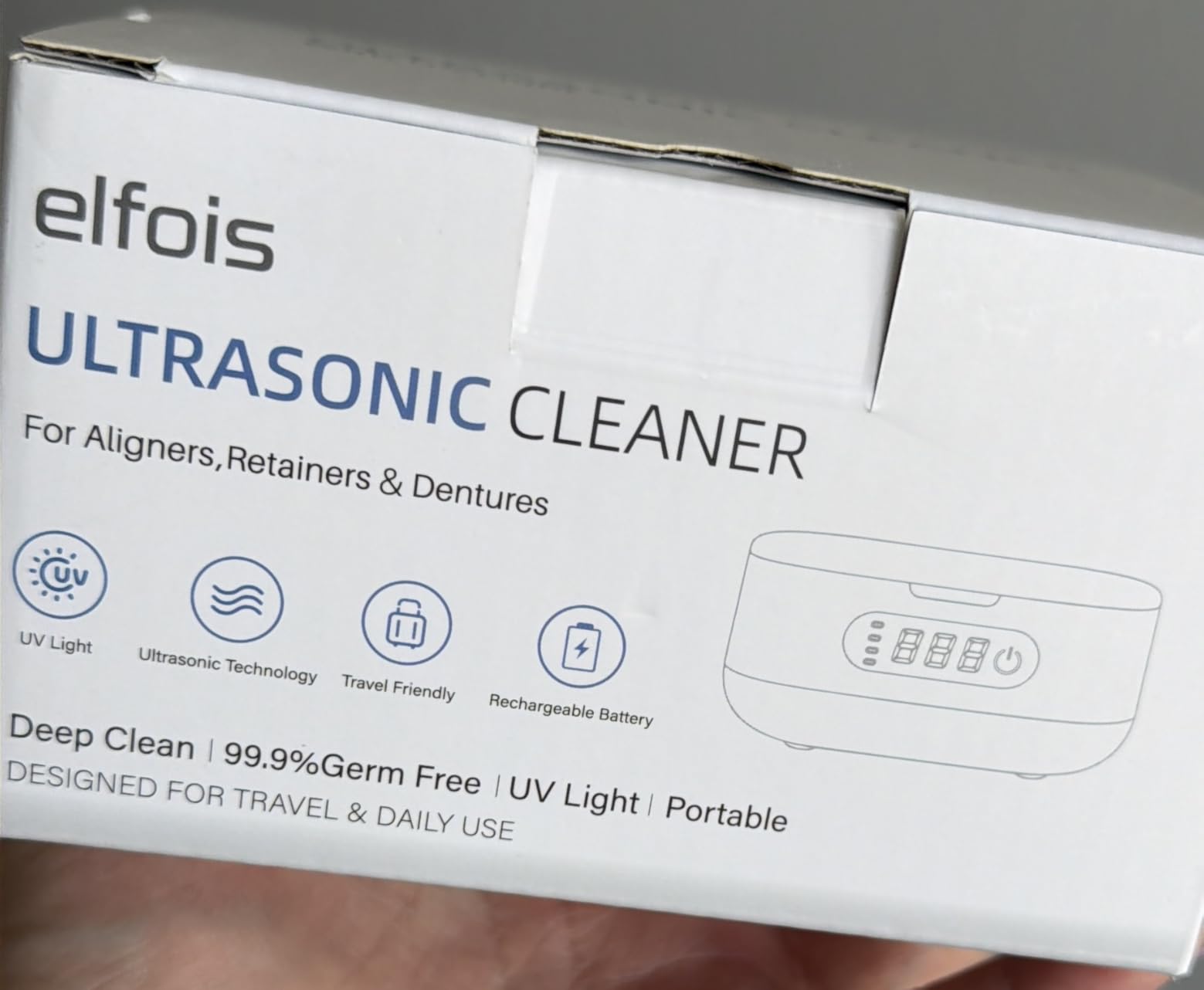 Elfois Portable Ultrasonic Retainer Cleaner with UV - Cordless Rechargeable Cleaner Machine for Invisalign, Aligners, Night Guards, Dentures | Travel-Ready with Built-in Mirror