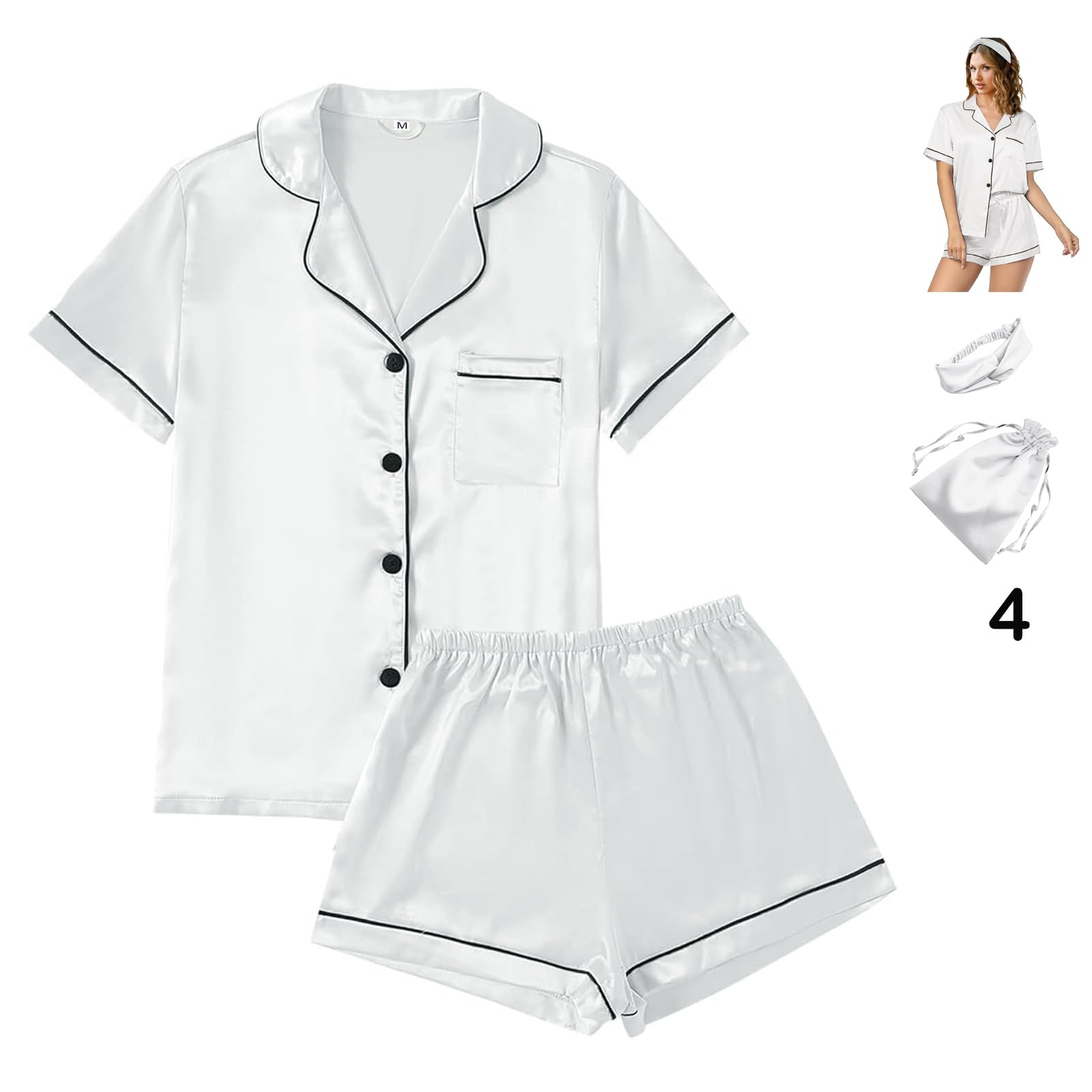 WJing Yi Jia 4Pcs Womens Satin Silky Pajama Sets Short Sleeve Shirt XS-4XL Floral Pajamas Set Soft PJ Loungewear Sleepwear: X-Large Water Green-b