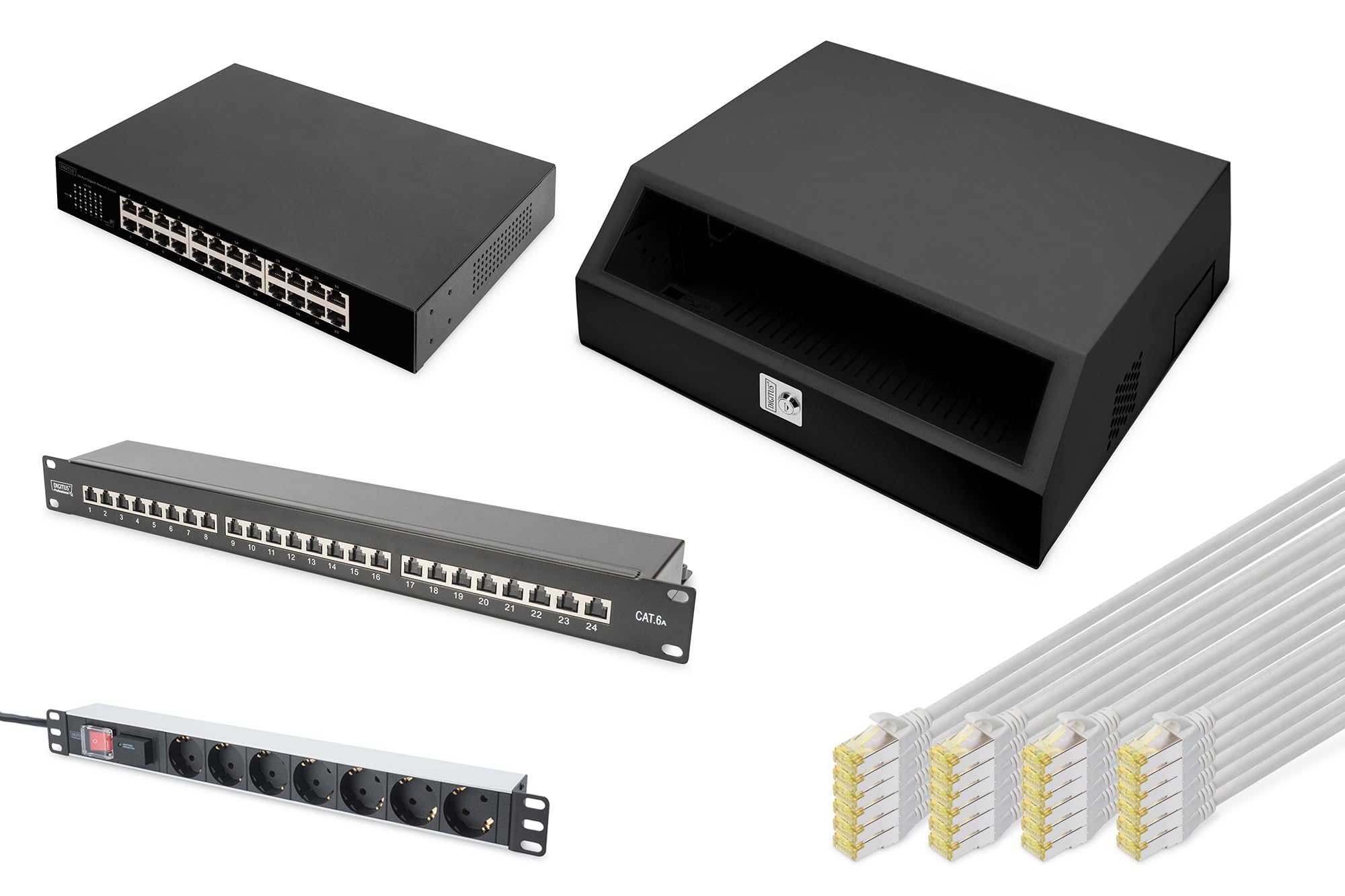 DIGITUS Set: Netzwerkschrank Schwarz – 3HE + 4HE – Wandmontage – Traglast: 50 kg – SOHO Serie – Mit Steckdosenleiste, Patchpanel, 24-Port Netzwerk-Switch & 24x Cat-6A Netzwerkkabel