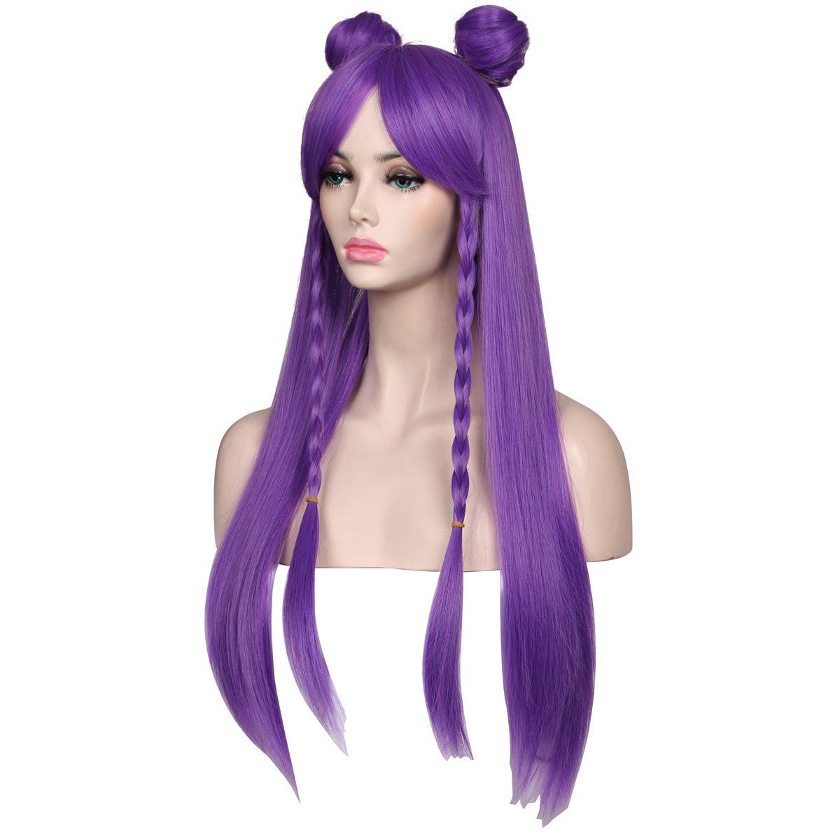ColorGround Long Straight Purple Braided Wig with two Buns for Cosplay and Cons - Image 2