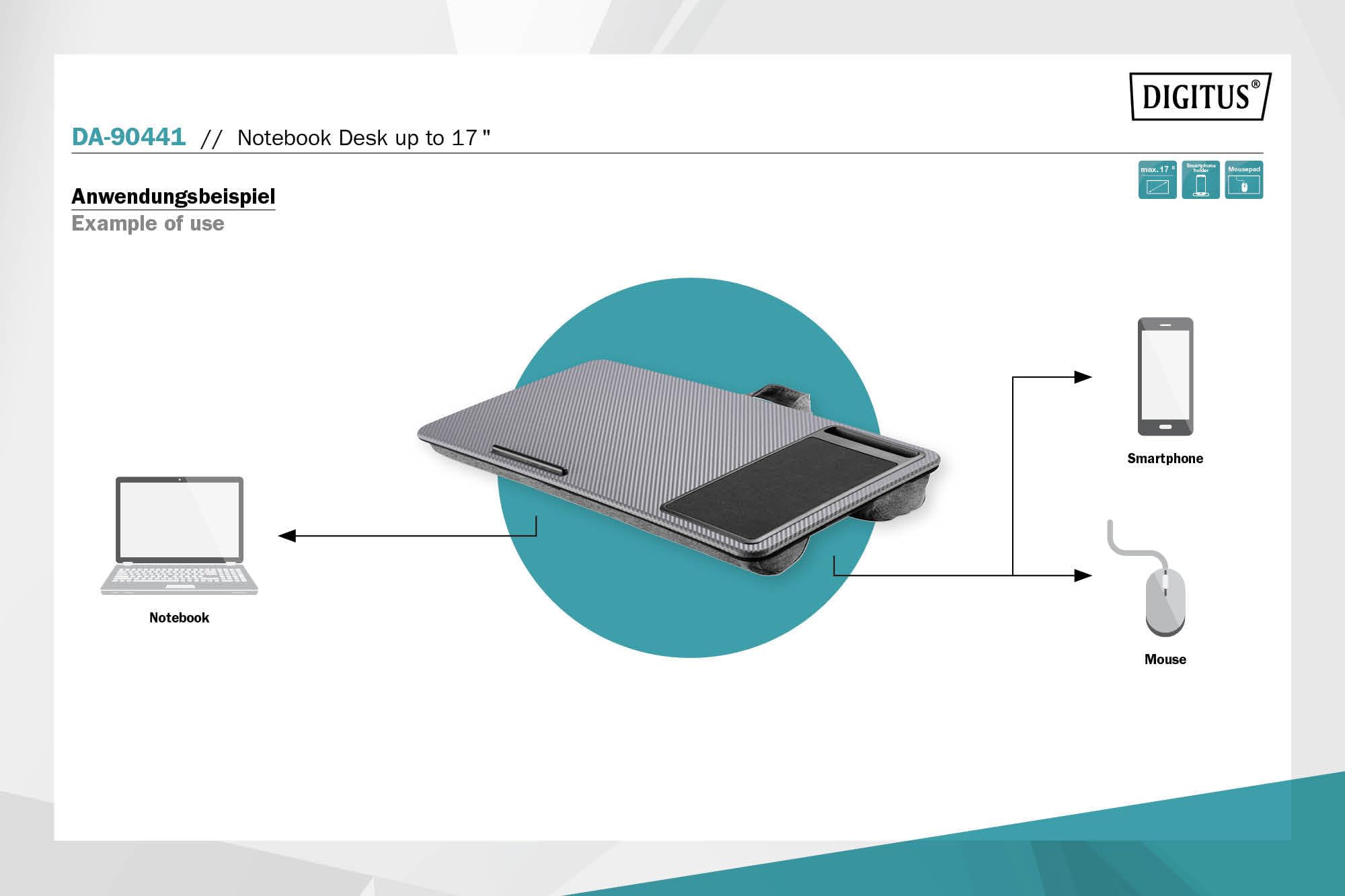 DIGITUS DA-90441 - Cojín para portátil - para portátiles de 17" - con Soporte para Smartphone - cojín para portátil - Mesa para portátil para Trabajar cómodamente Desde el sofá o la Cama - Gris