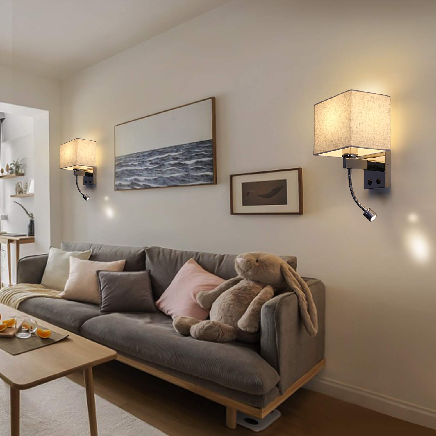 ZMH 4ER Wandleuchte Innen Schlafzimmer mit LED Leselampe 360° Schwenkbar | Wandlampe Quadratisches Stoffschirm Design Wandstrahler Schalter E27 Modern Wandbeleuchtung für Hotel- Ohne Leuchtmittel
