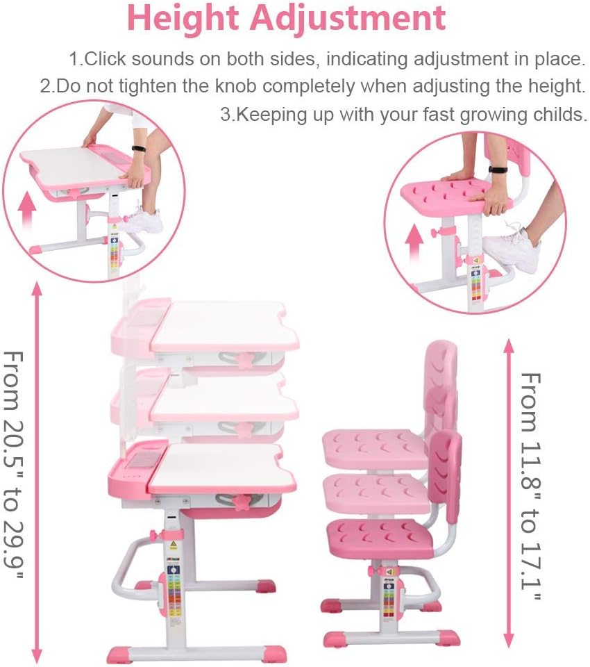 JOYMOR Kids Desk and Chair Set Height Adjustable with Extra Large Tilting Desktop, Durable Double-Side Seat Back, Stand Multifunctional Study Table Workstation for School Students (Pink)