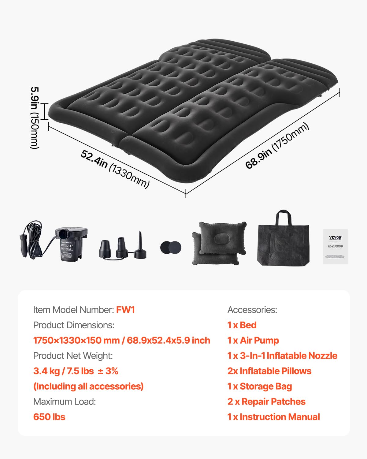VEVOR Colchón Inflable de Camping para Coche, Grueso y Aterciopelado, Duradero con Bomba de Aire, 2 Almohadas, Boquilla y Bolsa de Transporte, para SUV, MPV y Sedán, Negro, 1750 x 1330 x 150 mm