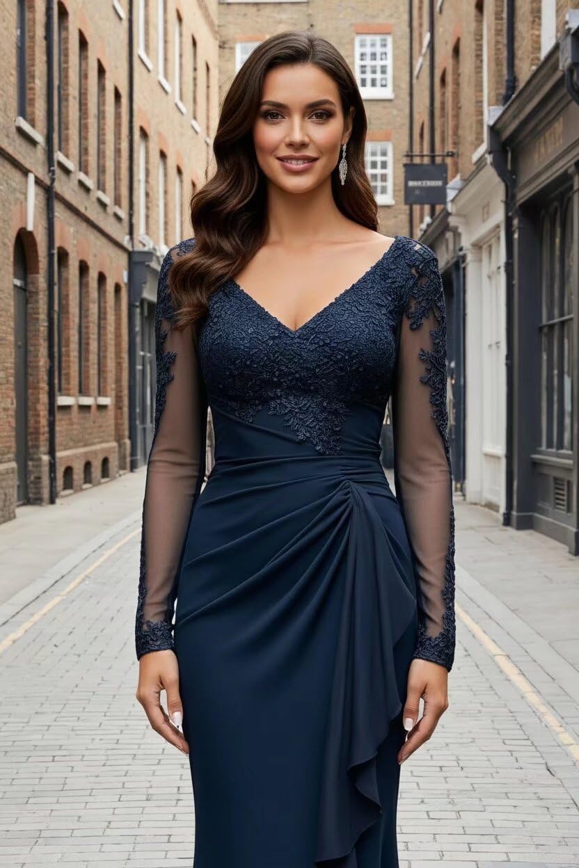 V Neck Mother of The Bride Dresses Long Sleeve Laces Applique Evening Gowns Long Grandmother of The Groom Dress