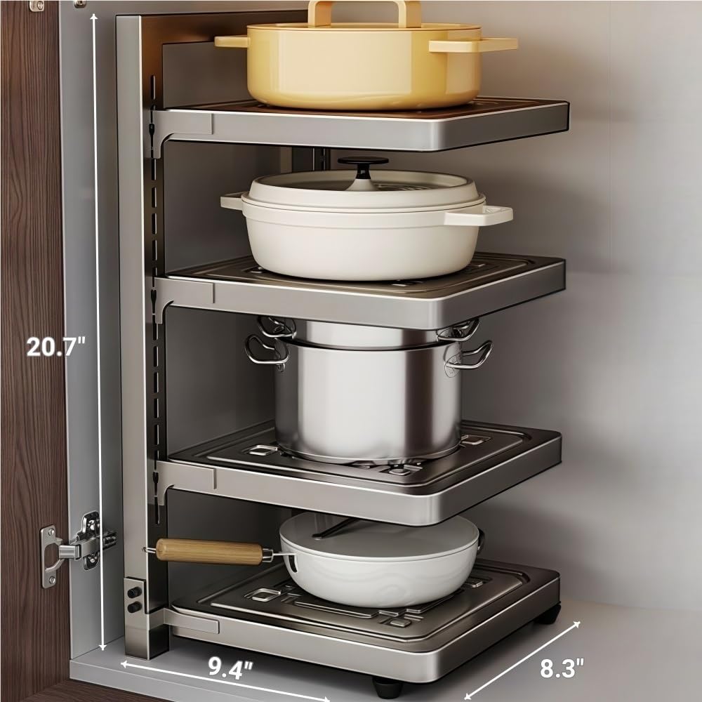 ADVEZO Large Under Sink Organizer 2 Tier Expandable Heavy Stainless Steel Shelf Adjustable Height for Under Kitchen Bathroom Sink Organizers and Storage (Large size: 4 panels 4 storage baskets)