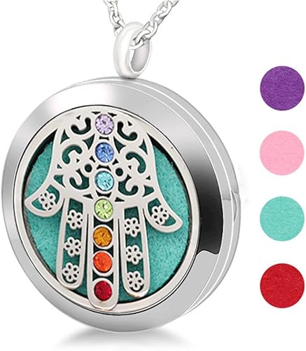 lifashion LF acero inoxidable 7Chakras mano de Fátima collar de aromaterapia7Chakras Energy Stone Difusor de aceite esencial Collar Fátima mano de