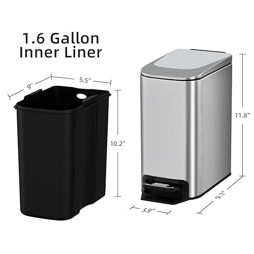 Miniatura 6 de KUK Cubo de basura pequeño para baño con tapa, cubo de basura de acero inoxidable de 1.6 galones con cubo interior extraíble, cubos de basura con