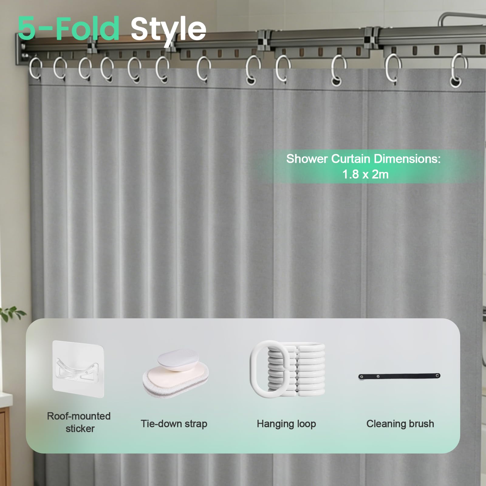 Rideau De Douche Sans Perçage Avec Ventouse, Forme L/U, 5 Plis, 1,8 x 2 m | Ventouse Puissante,Tringle Rideau Douche Pliable Anneaux Pour Douches D'Angle,Barre Douche Angle RéGlable/Extensible Gris