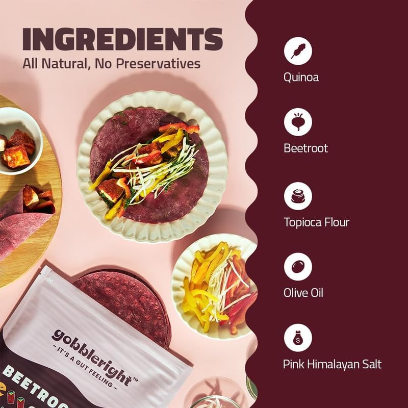 GOBBLERIGHT Beetroot & Quinoa Wraps 150g (6 Wraps - Pack of 3) | 67 Kcal Per Wrap | Healthy Frozen Multigrain Tortilla for Burrito, Shawarma, Tacos | Low-Calorie & High-Protein | Gluten Free & Vegan 3