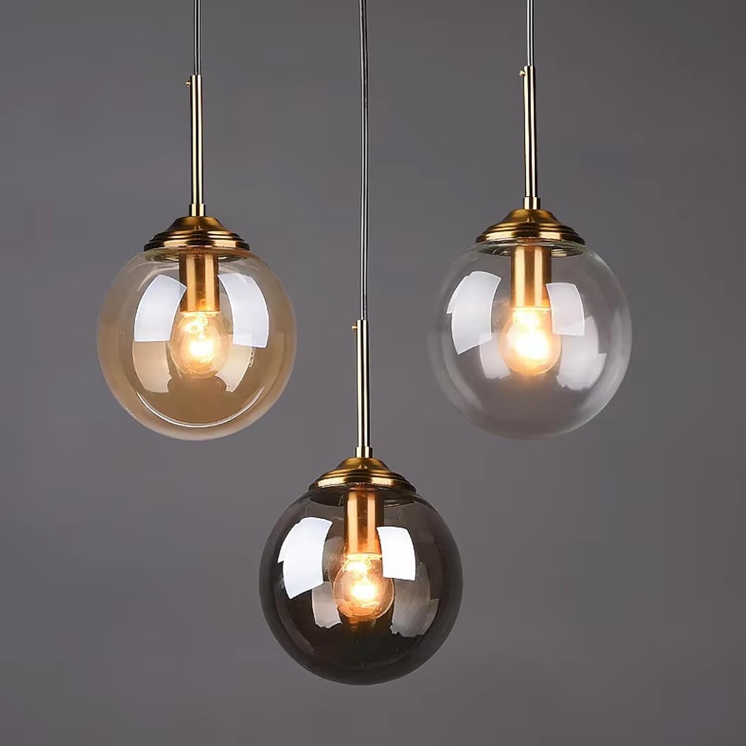 Lustre en laiton vintage industriel à 3 lumières Transparent/Gris fumé/Boule de verre ambre Suspension Cluster E27 Suspension pour îlot de cuisine Salon