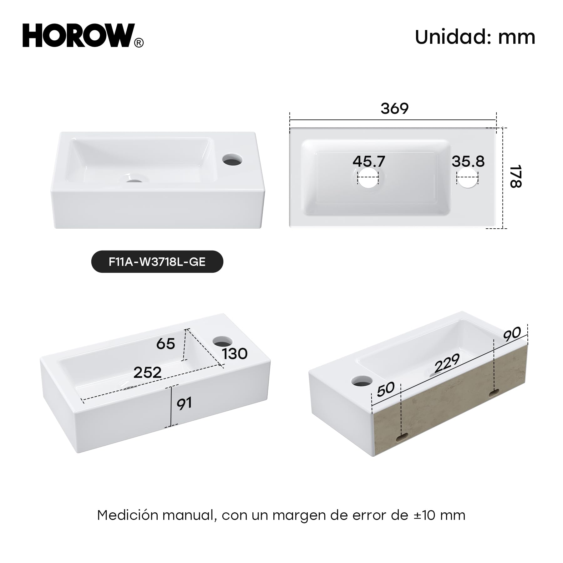 HOROW Lavabo colgante pequeño para invitados para baño, mini lavabo montado en la pared, lavabo rectangular, lavabo de mano con agujero para grifo a la derecha, blanco, 37 x 18 x 9 cm, sin desagüe
