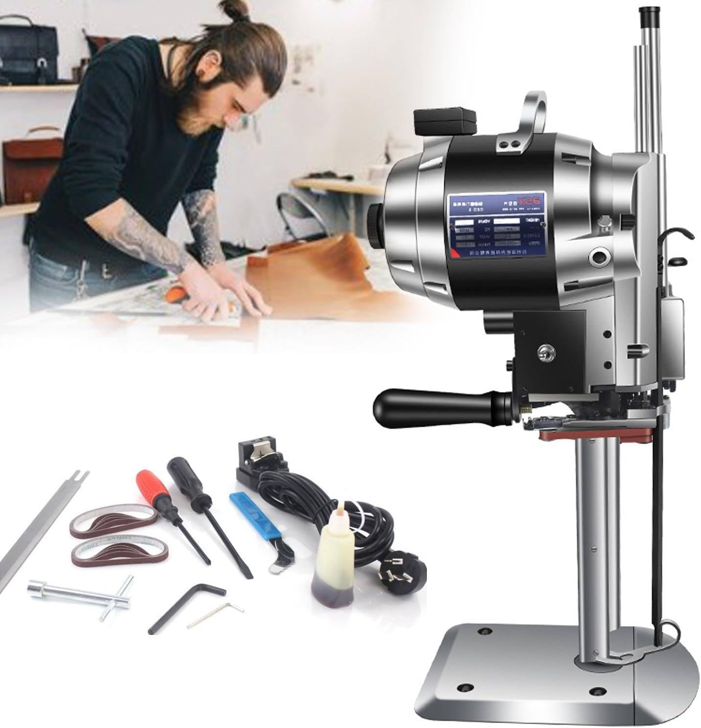 DPLXQPP Electric Rotary Fabric Cutting Machine Fabric Industrial Machines - Vertical Electric Fabric Cutting Machine for Leather/Rubber/Cardboard - Automatic Cutting Tools,8inches-220V