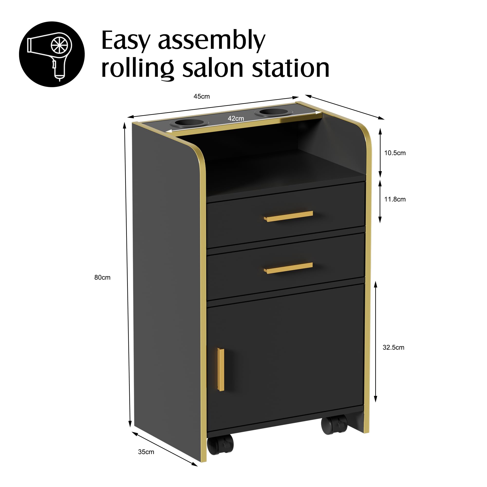 MSFE Carrello Estetista con Ruote,Carrello di Servizio in Legno con 2 Cassetti,1 Armadio e 2 Supporti Asciugacapelli,Barbiere Carrello da Lavoro per Stilista,Parrucchiere,Acconciatura SPA,45*35*80CM