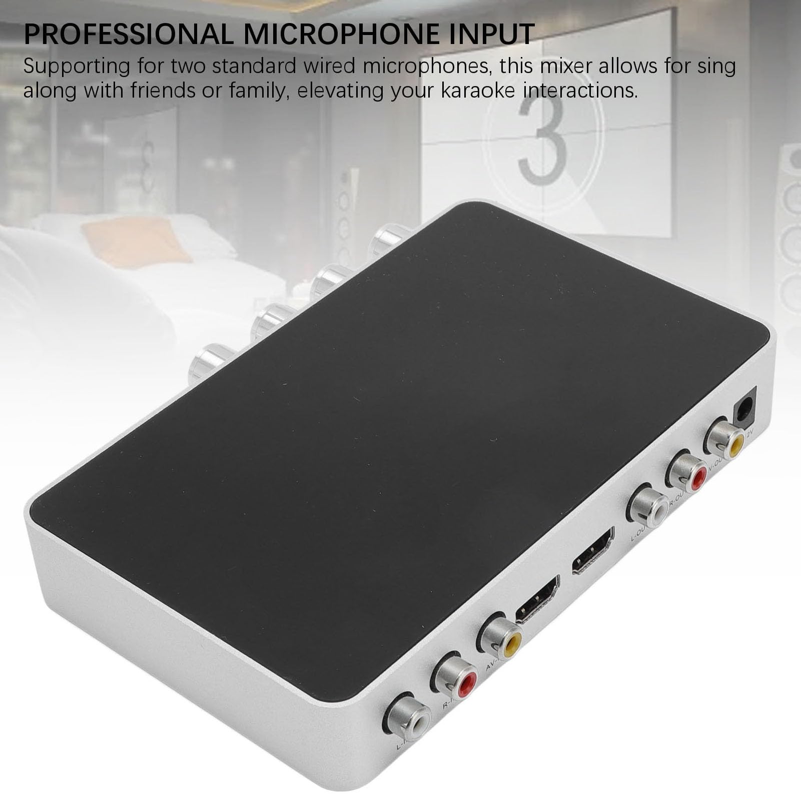 Karaoke Sound Mixer, 4K Video HDMI CVBS Input and Output, 2 Mic Input, Built in Speaker Support, for Televisions, TV Boxes, Projectors, Phones and Computers (US Plug)