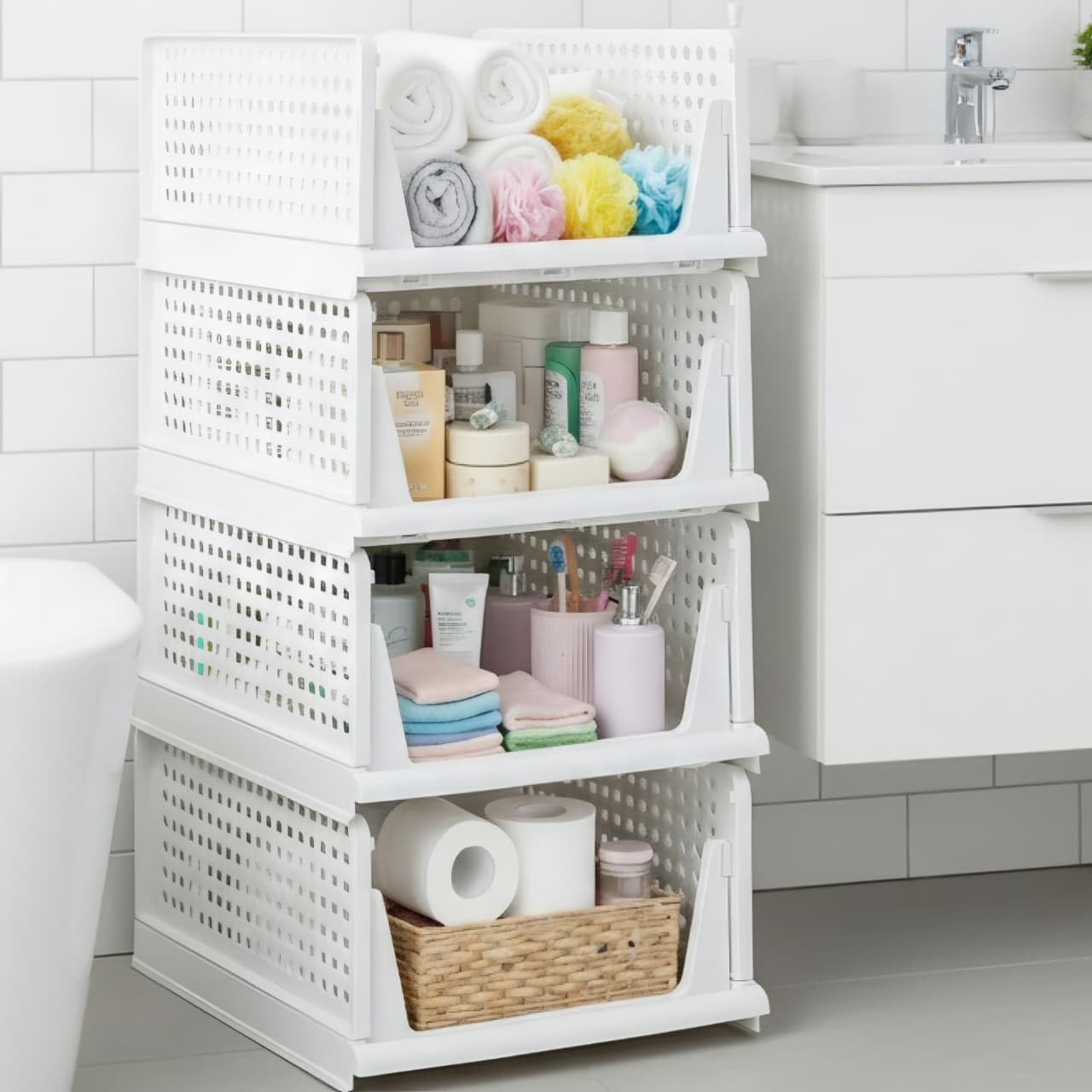 MECHDEL | Wardrobe Organizer For Clothes | Cupboard Organizer | Foldable Shirt Stacker Box | Cloth Box for Almirah | Closet Storage Basket |Plastic Stackable Closet Organizer (White, 4PCS)