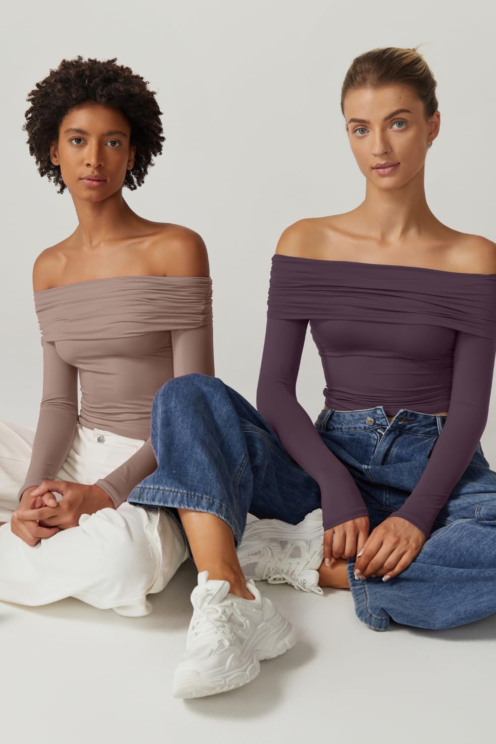 QINSEN Womens Off The Shoulder Tops Double Lined Long Sleeve T Shirts Slim Fitted Stretchy Crop Top - Image 5