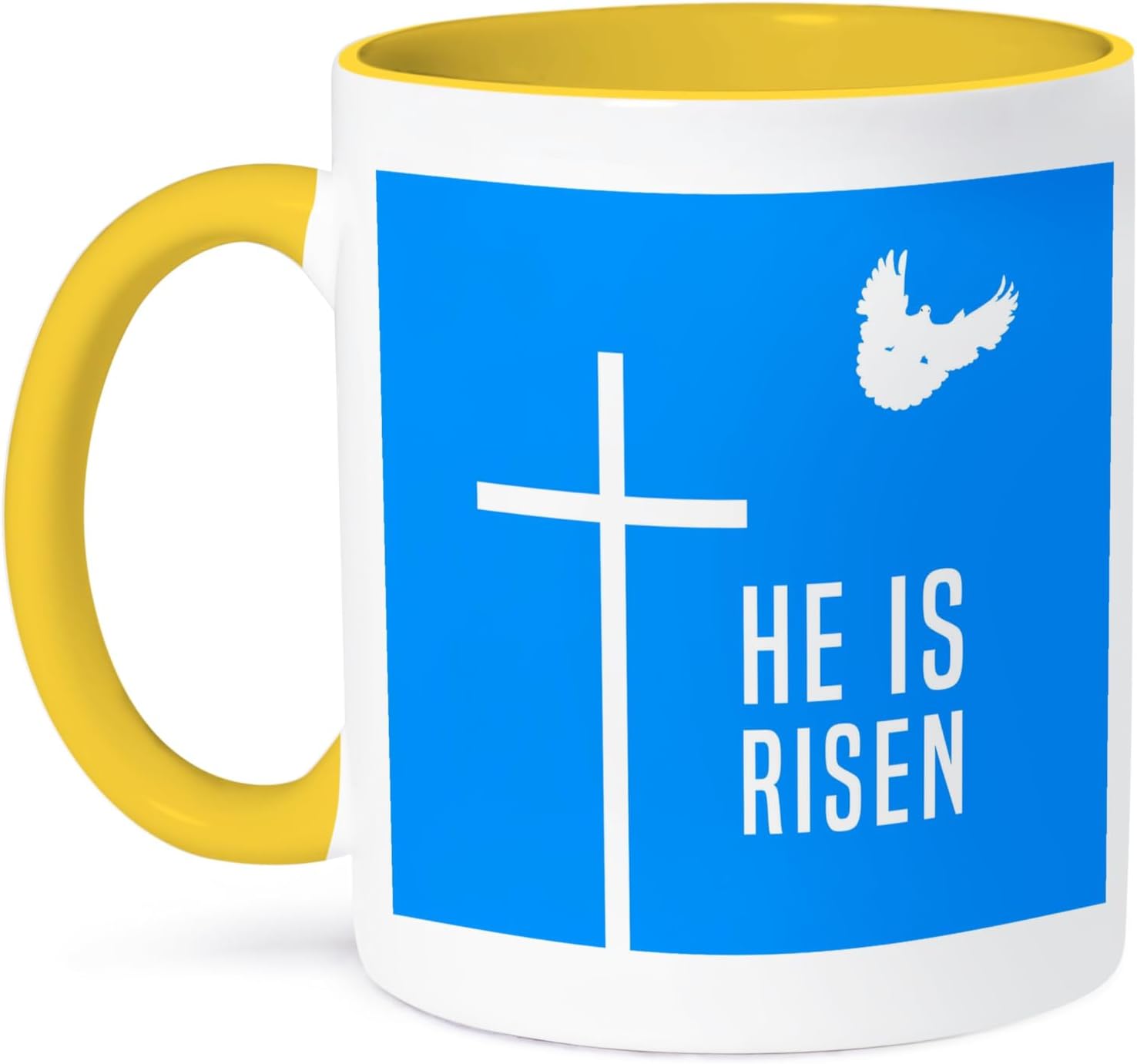 3dRose Coffee Mug, Size - 15oz - Easter. Blue sky, cross, dove, text He is risen Alexis Design - Holidays Easter - funny coffee cup gift