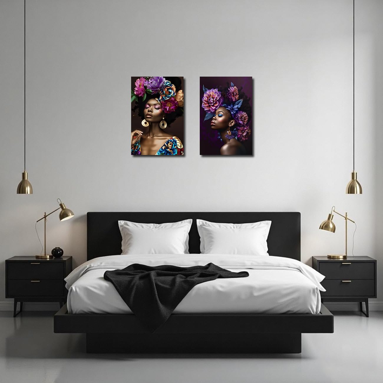 LZIMU Afroamerikanische Bilder 2-teilig Leinwandbilder mit schwarzem Mädchen abstrakte schwarze Frauen Kunstdrucke gerahmte Wohndeko (Orange, 60x90cmx2 Teilig)