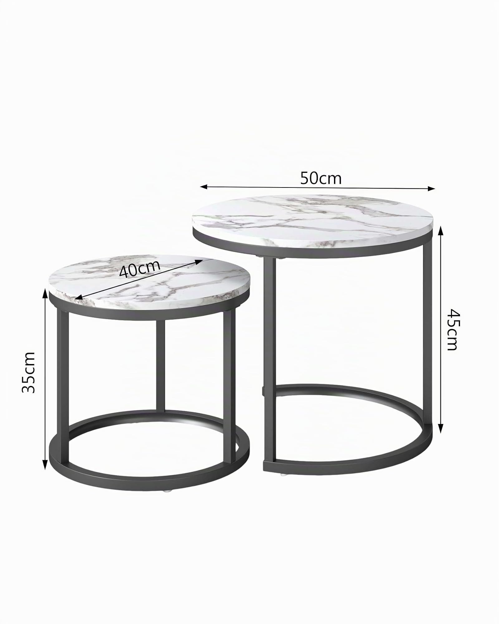 Set de 2 Mesas Auxiliares para Salon Nido Efecto Mármol Blanco 50+40cm, Mesa Auxiliar Sofa Moderna, Mesitas Auxiliares de Centro Pequeñas Mesa Salon Centro de Metal Negro