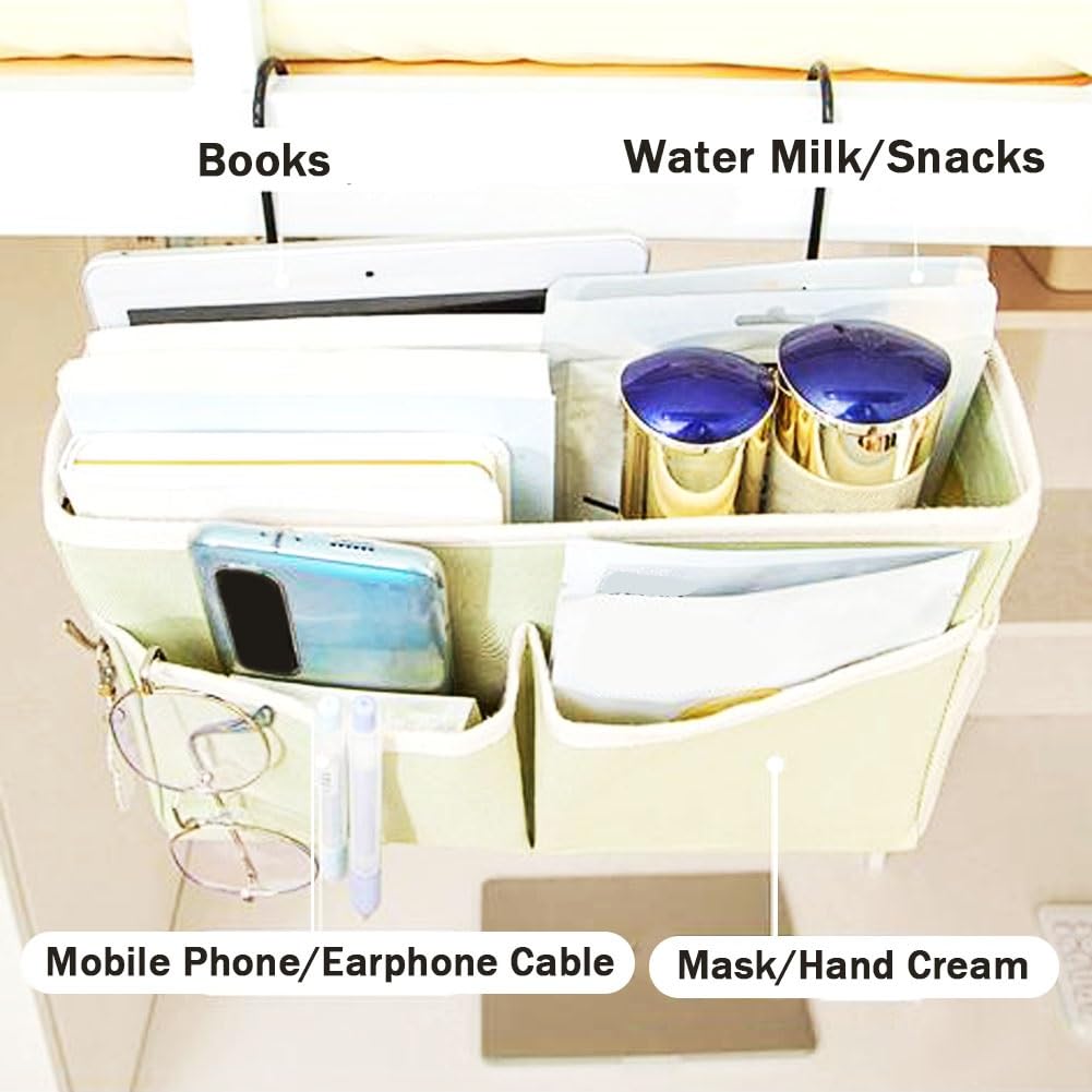 Organizador de almacenamiento para colgar al lado de la cama para revistas, libros, mandos a distancia y smartphones, ideal para barandillas de cama y sofás