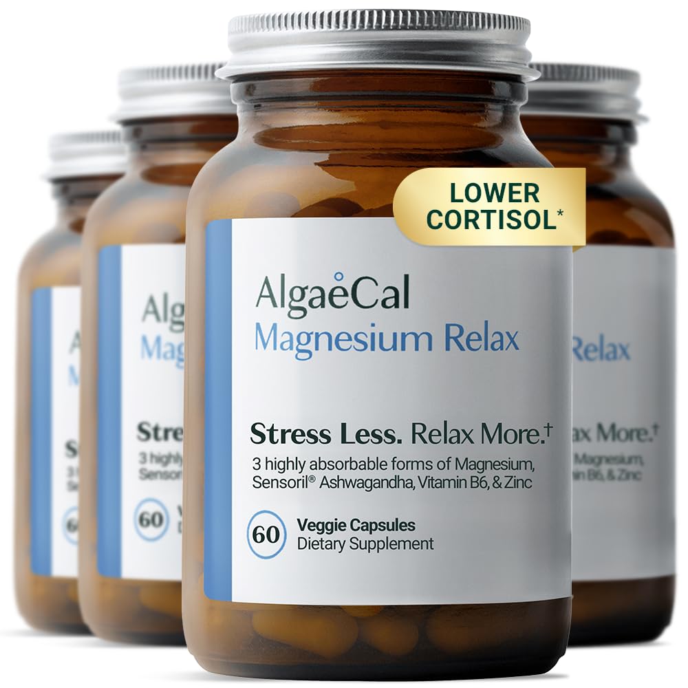 AlgaeCal Magnesium Relax for Sleep, Stress, & Cortisol, 60 Caps, 4 Packs 60 Count (Pack of 4)