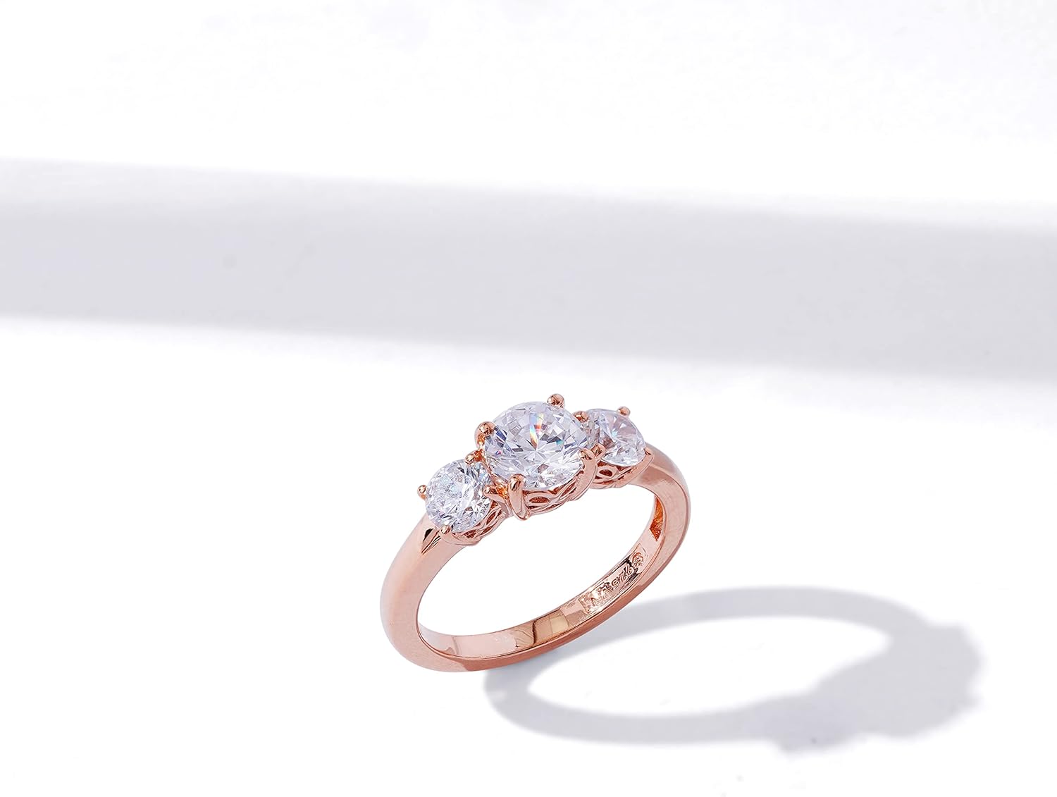 Amazon Essentials Rose 18K Gold Plated Sterling Silver Round 3-Stone Ring made with Infinite Elements Cubic Zirconia (3 cttw), Size 7, (previously Amazon Collection)