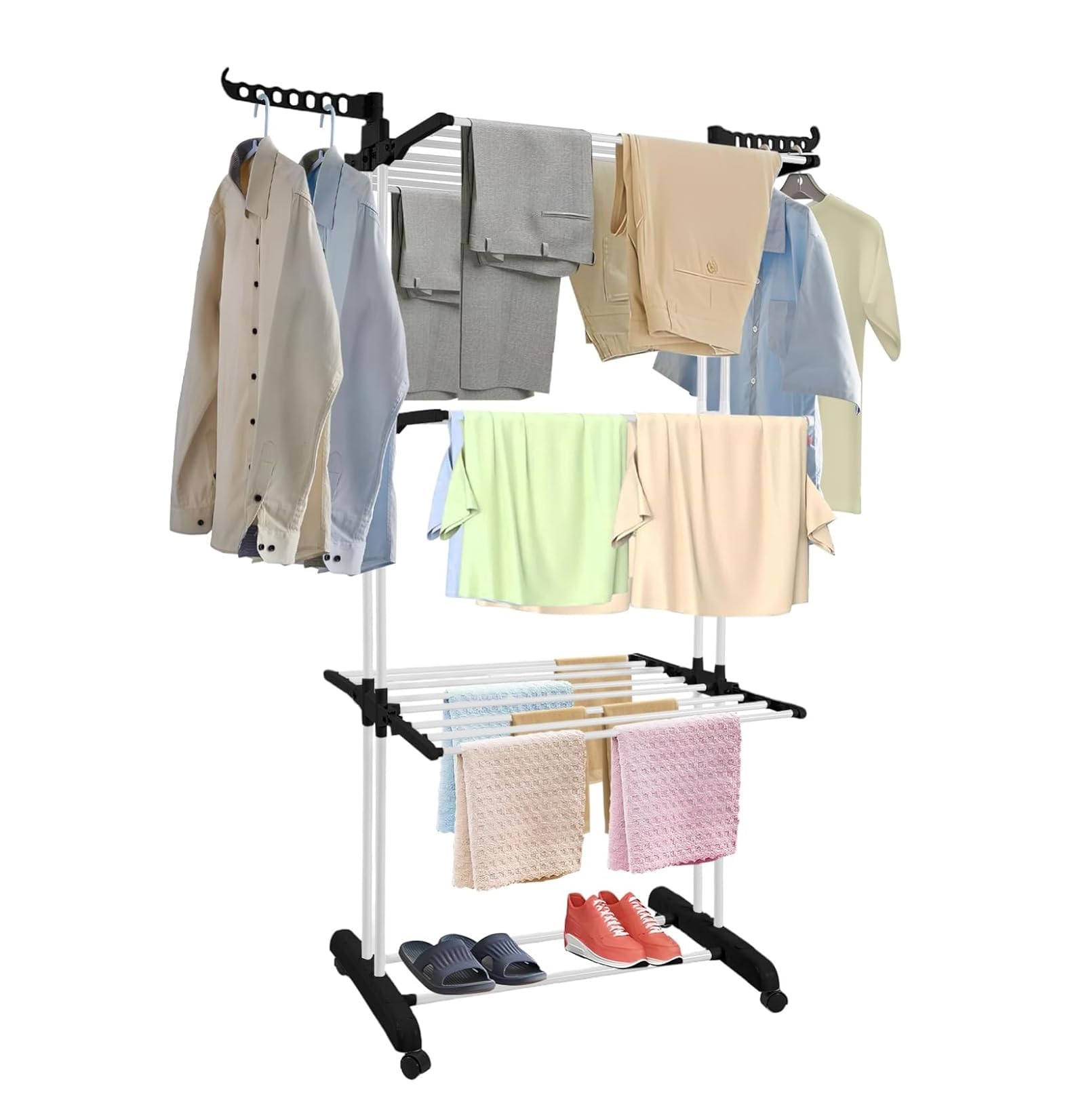 FERNVALE 4-Tier Clothes Drying Rack with Foldable Wings & Wheels, Large Capacity Laundry Rack with Brake Casters, Collapsible Stainless Steel Garment Dryer Rack for Indoor Outdoor Laundry Room, Black
