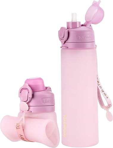 TakeToday Botellas de agua plegables de 20 onzas, a prueba de fugas, sin BPA, botella de agua de viaje de silicona plegable con correa para popote