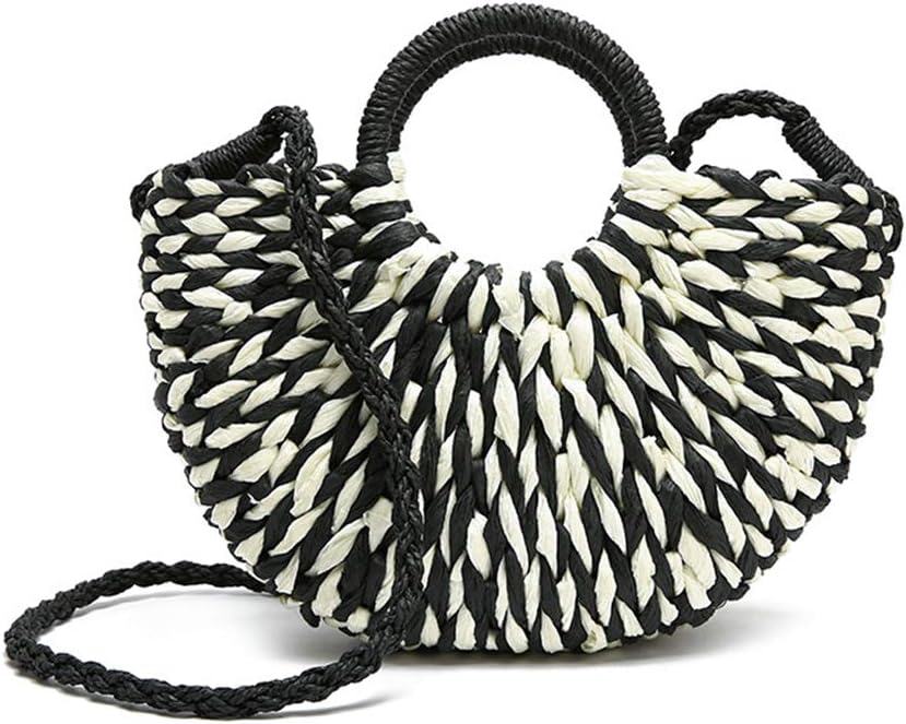 Women Summer Retro Straw Tote Bag Hand-woven Boho Shoulder Bag Crossbody Bag Round Handle Beach Handbags (Black)