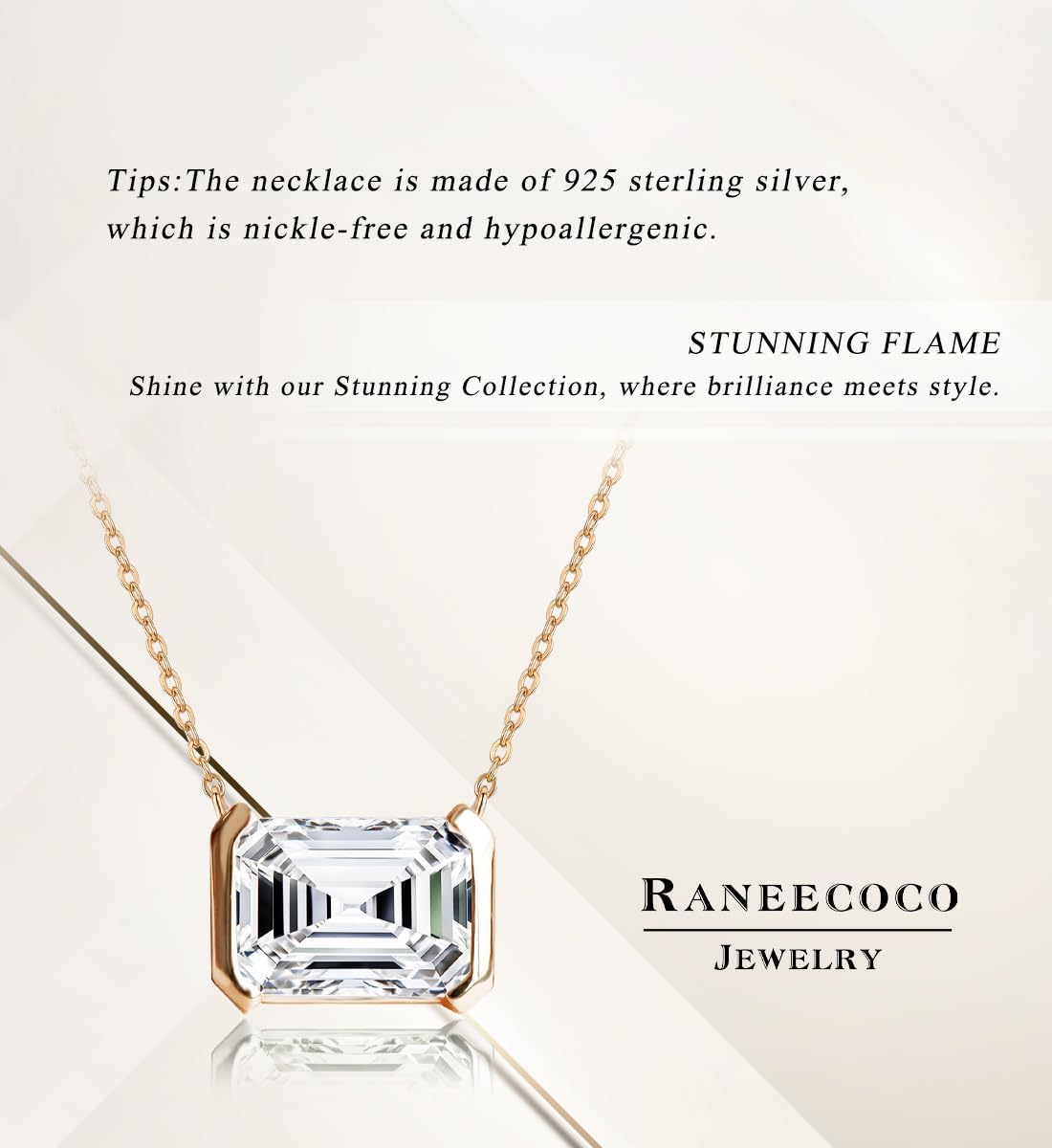 Raneecoco Emerald Cut Solitaire Simulated Diamond CZ Pendant Necklace / 18K Gold Plated Sterling Silver Dainty Necklace for Women - Image 9