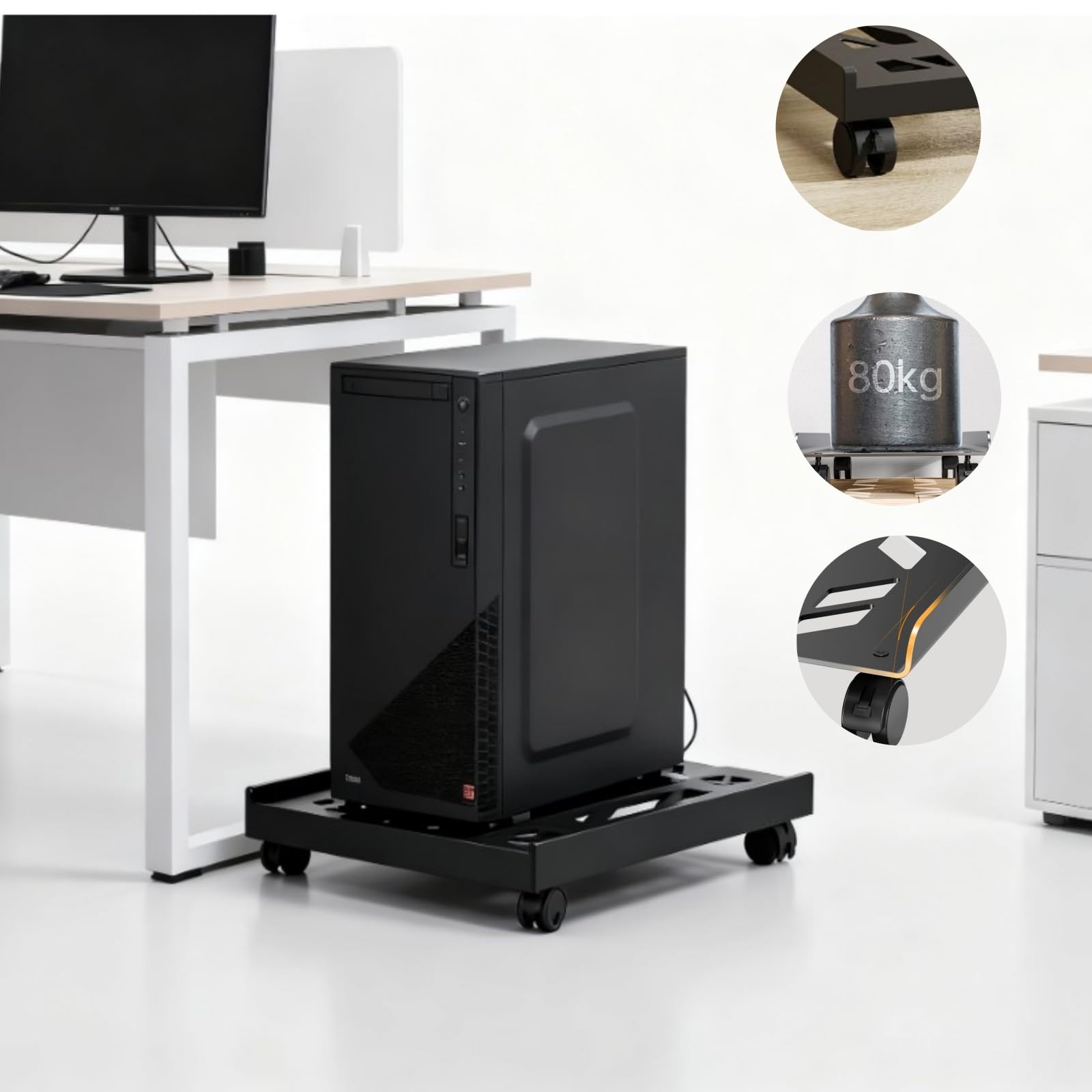 Carrello per Case PC con Ruote, 2 Pezzi Supporto Regolabile per Computer Desktop, 40 x 20-30 cm, PS Nero