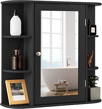 Multigot Bathroom Mirror Cabinet, Wall-Mounted Storage Cupboard with Adjustable Shelves, Single Door Organizer Unit for Living Room and BedroomBlack