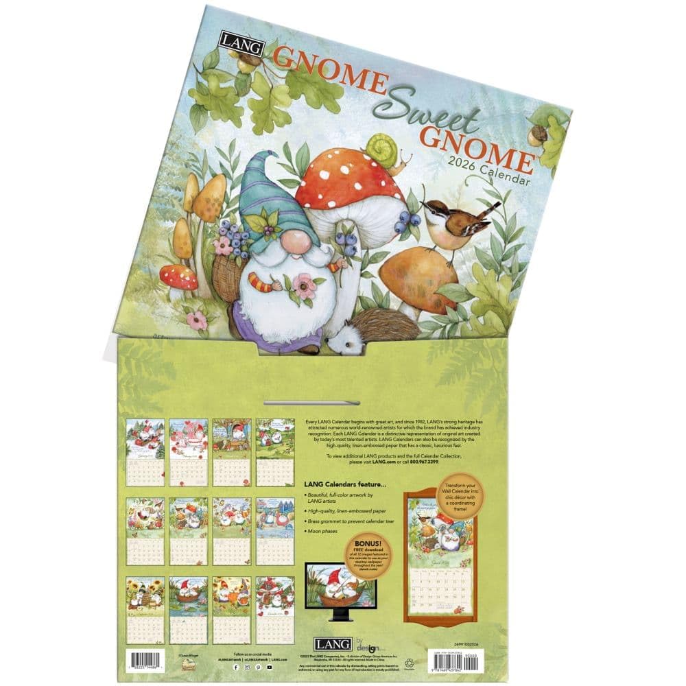 Lang Gnome Sweet Gnome Calendrier mural 2026 – Calendrier de 12 mois avec reliure agrafée, illustration de nain fantaisiste par Susan Winget, papier gaufré en lin, 34 x 30 cm