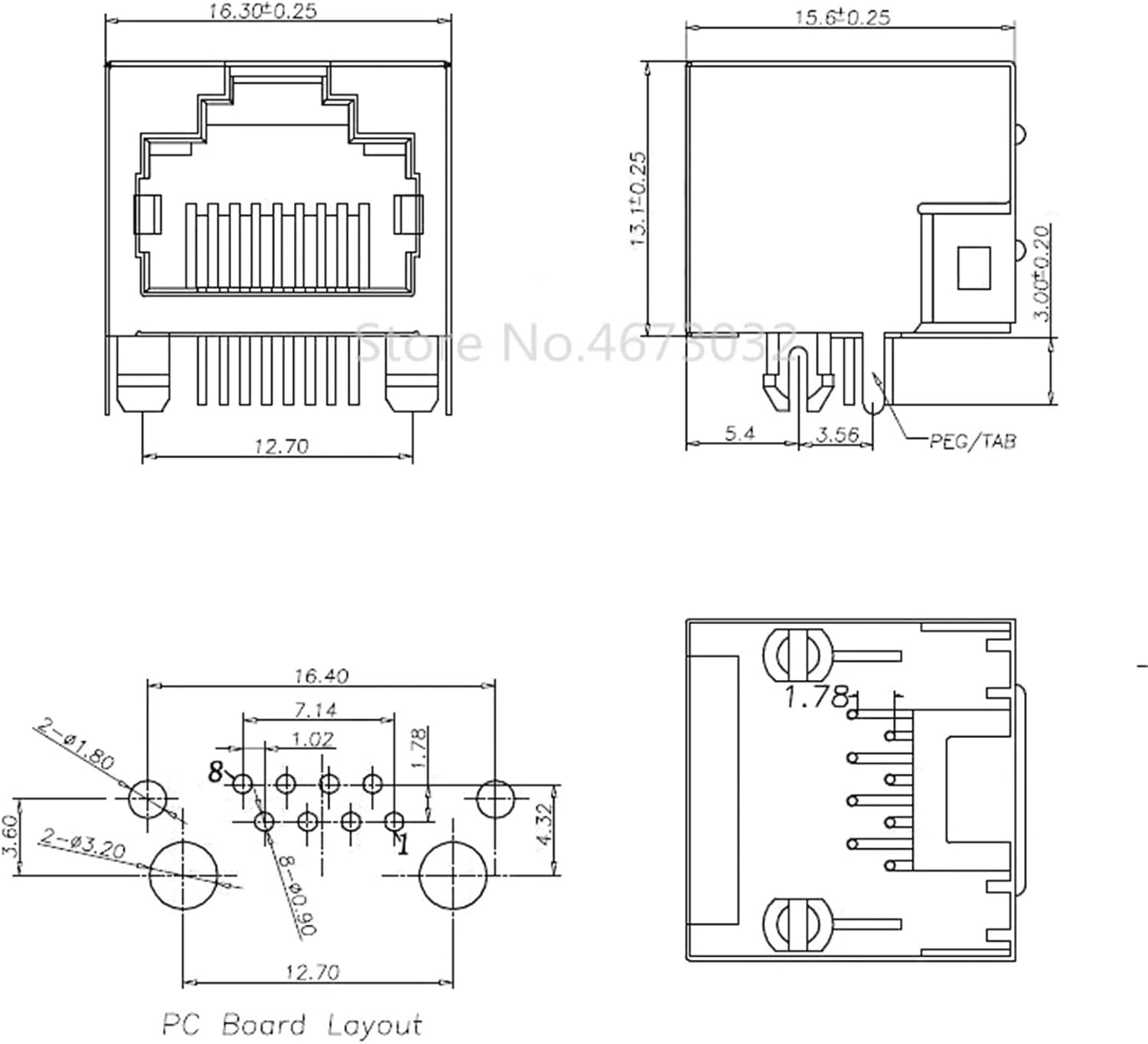 RJ45 Metal 8 Pin Female PCB Right Angle Board Jack Connector 8P8C 10Pcs