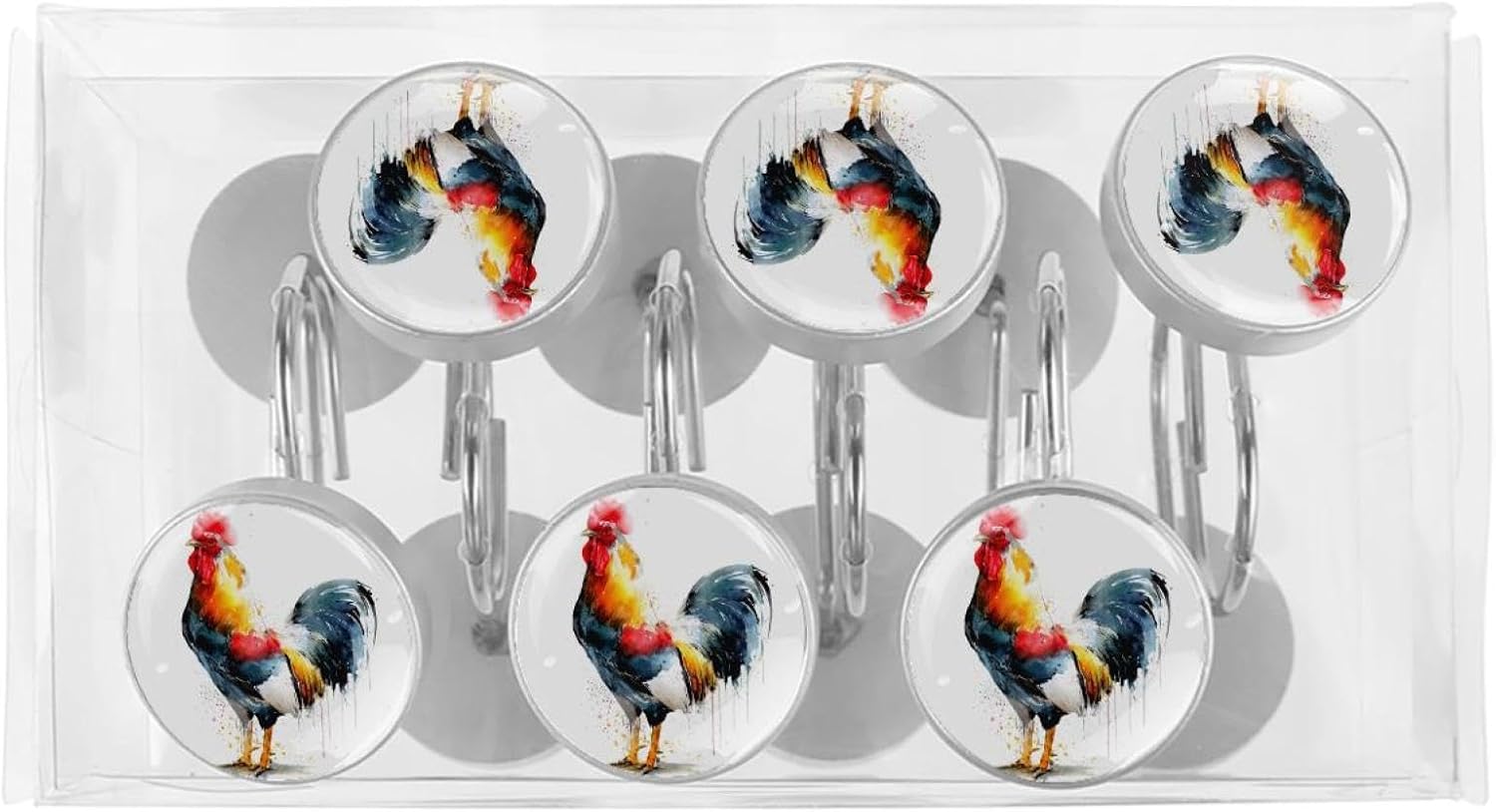 Rooster Watercolor (5) Shower Curtain Hooks, Rustproof Shower Curtain Rings for Bathroom, Stainless Steel Shower Hooks for Shower Curtain Rod, Decorative Shower Curtain Hangers Set of 12
