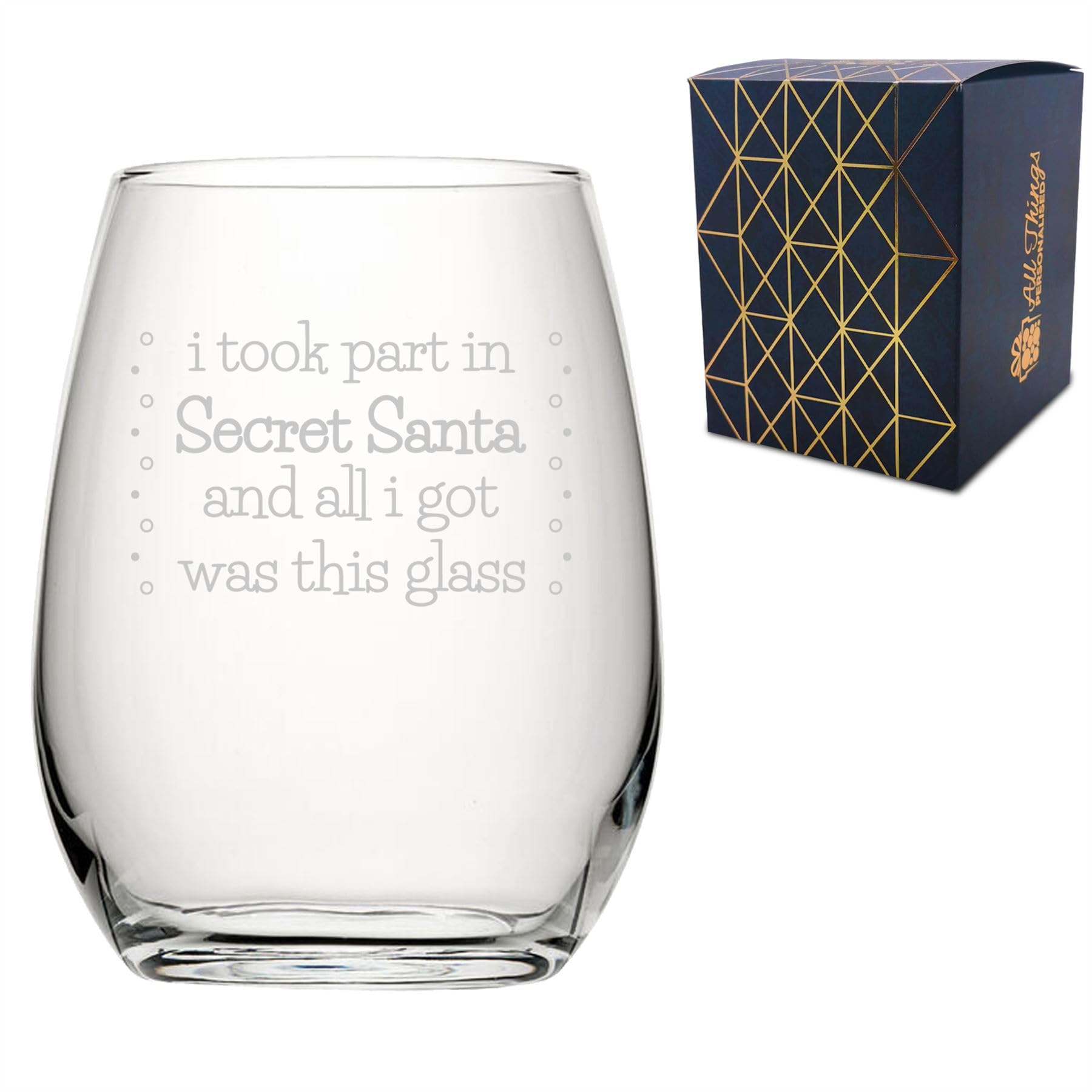 Engraved Novelty Stemless Wine Glass with Secret Santa Serif Design, Gift Box Included, Laser Engraved, Add an Optional Message, Christmas Santa Colleague Gift