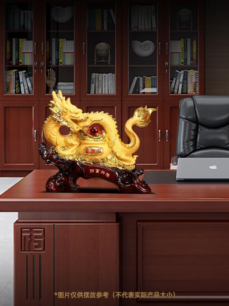 财富兴隆招财龙摆件 Feng Shui Home Office Decor Chinese Gifts Feng Shui Golden Treasure Basin 聚宝盆客厅办公室桌面收银台装饰店铺开业礼品 7684
