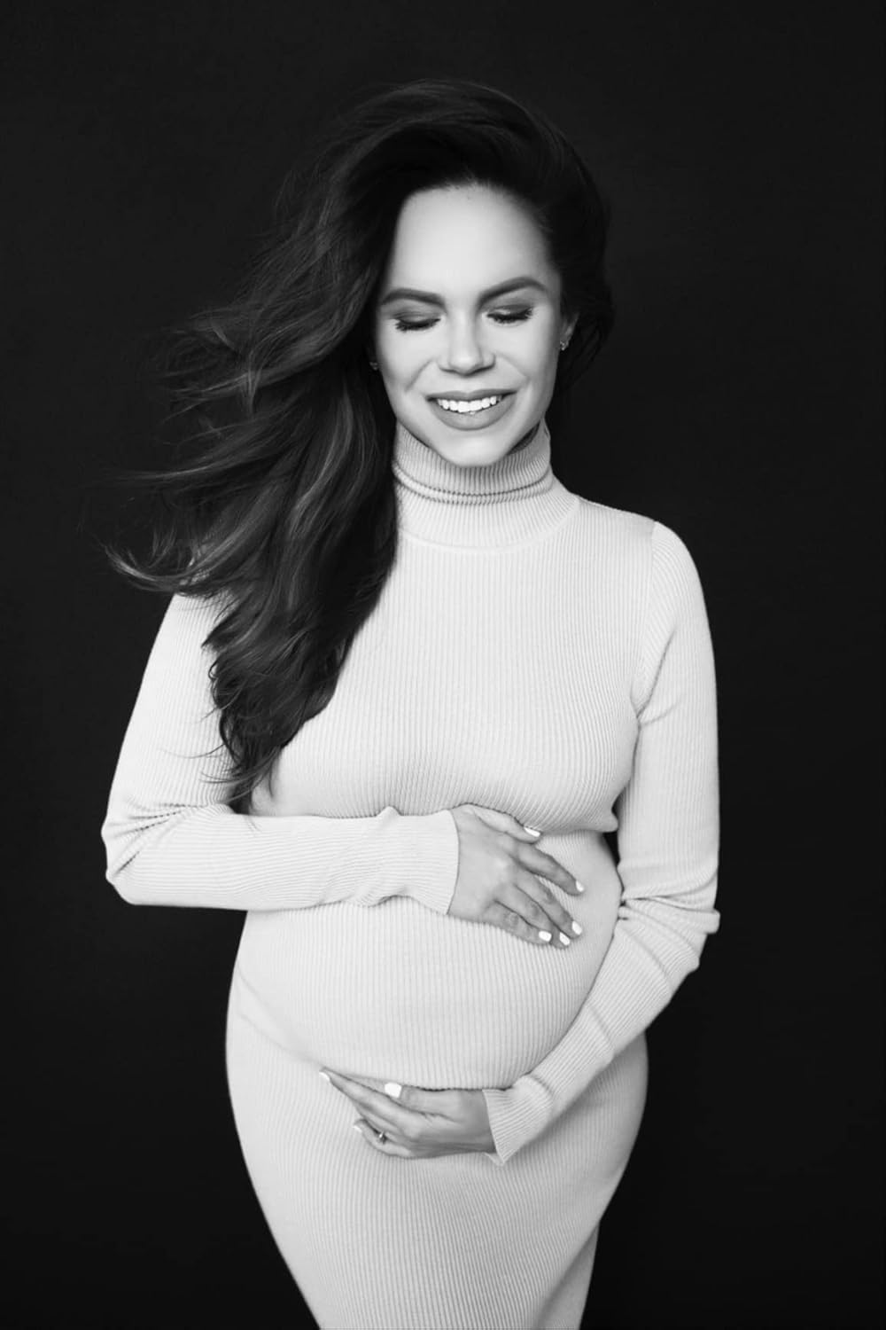 Turtleneck & Long Sleeve Maternity Sweater Dress for Photoshoot Baby Shower, Ribbed Knit Stretchable Midi Bodycon Dress - Image 3