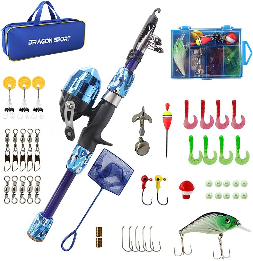 Kids Fishing Pole Spincast Youth Fishing Pole Tackle Box - with Net,Travel Bag,Rod and Reel Kit for Boys and Girls, Youth or Beginner’s